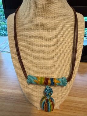 African Handcrafted Multicolor Beaded Pendant Necklace - Blue, Yellow & Brown